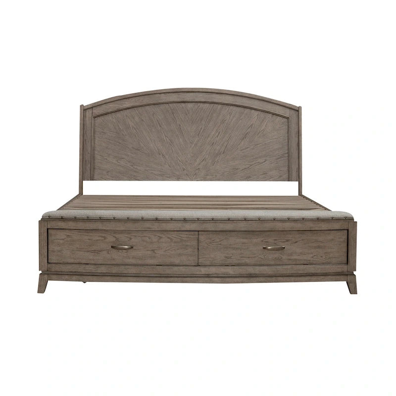 Burnished Beige Oak Panel Storage Bed with Upholstered Bench - King / Queen
