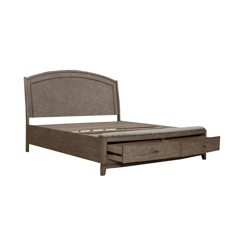 Burnished Beige Oak Panel Storage Bed with Upholstered Bench - King / Queen