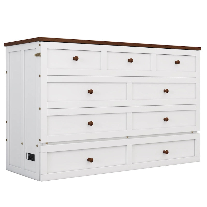 Natural Pine Murphy Bed Chest with Charging Station & Storage Drawer | Queen / Full | Sleeps 1
