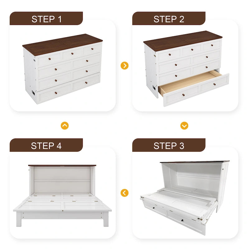 Natural Pine Murphy Bed Chest with Charging Station & Storage Drawer | Queen / Full | Sleeps 1