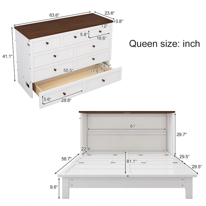 Natural Pine Murphy Bed Chest with Charging Station & Storage Drawer | Queen / Full | Sleeps 1