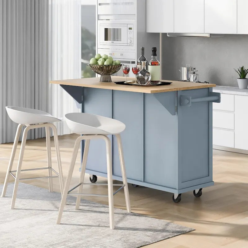Rolling Kitchen Island Cart with Drop-Leaf – White / Blue / Black, 1-Person Use