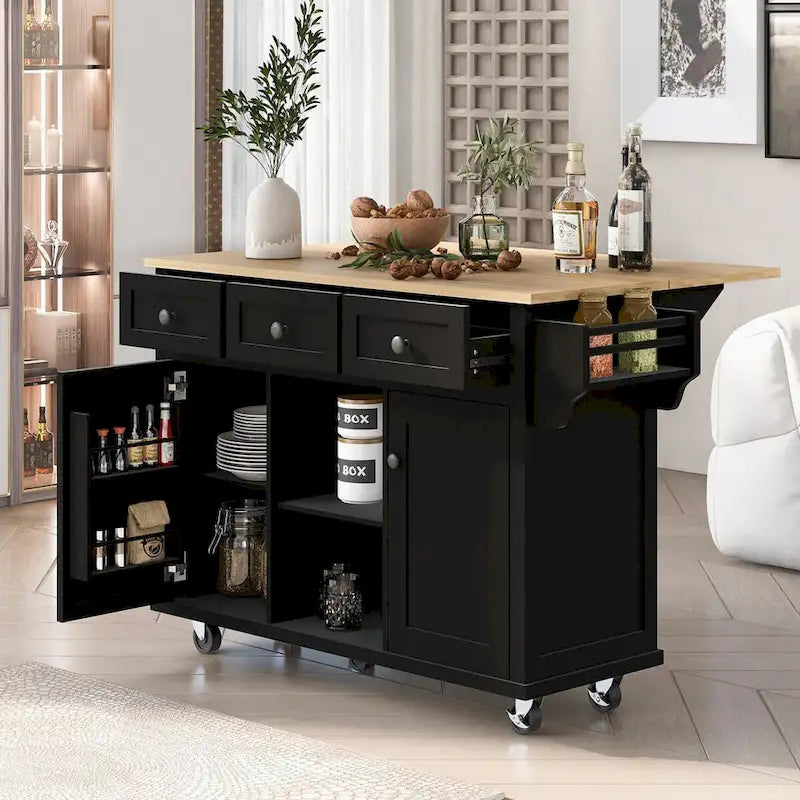 Rolling Kitchen Island Cart with Drop-Leaf – White / Blue / Black, 1-Person Use