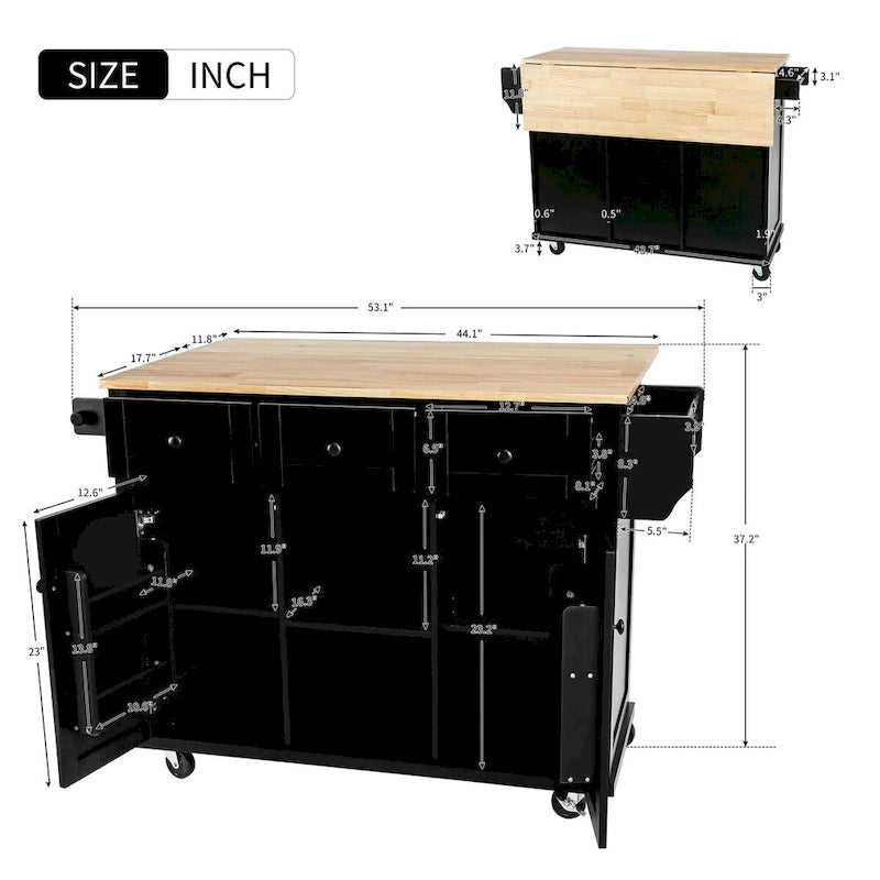 Rolling Kitchen Island Cart with Drop-Leaf – White / Blue / Black, 1-Person Use