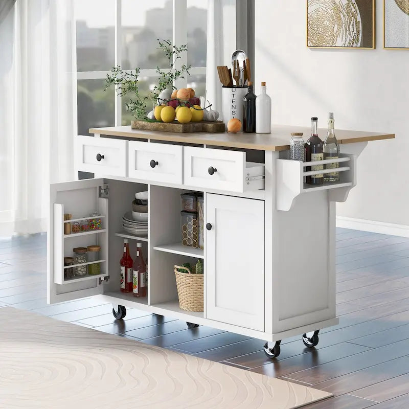 Rolling Kitchen Island Cart with Drop-Leaf – White / Blue / Black, 1-Person Use