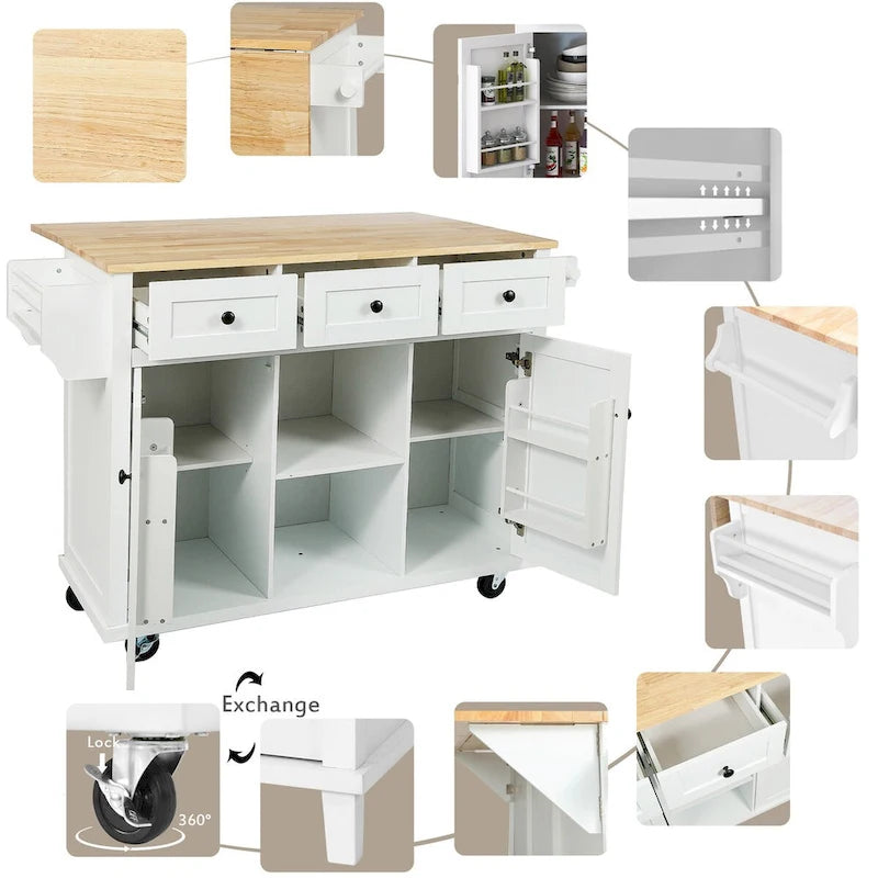 Rolling Kitchen Island Cart with Drop-Leaf – White / Blue / Black, 1-Person Use