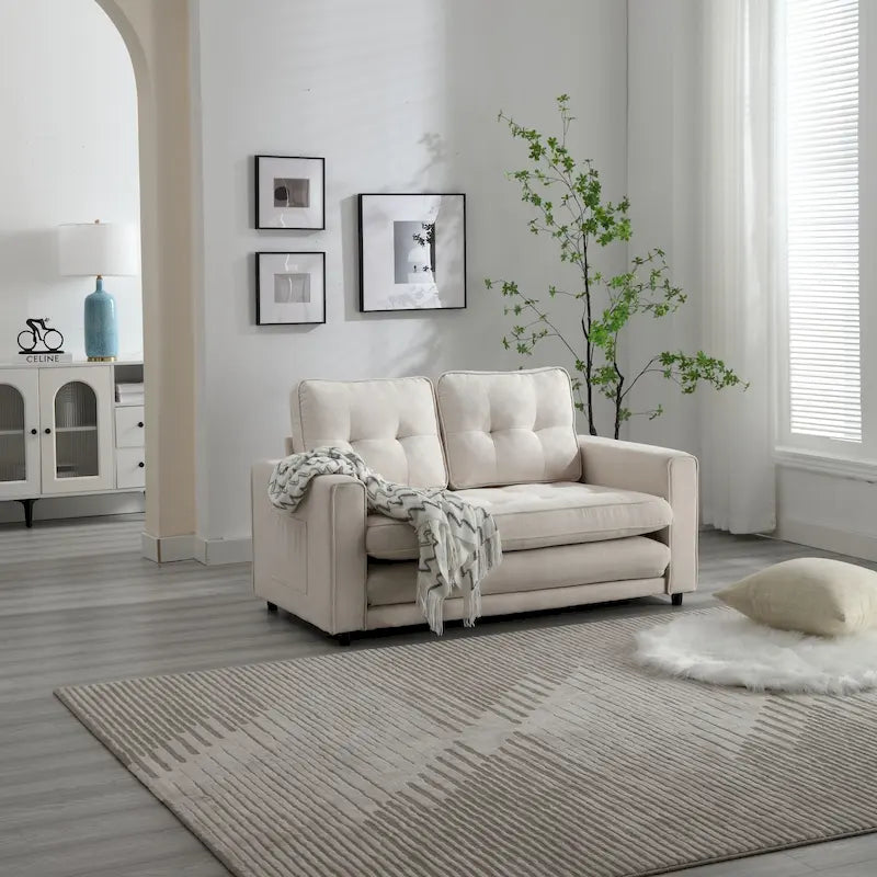 Velvet Convertible Sofa Bed – 3-Fold Pull-Out Sleeper, Seats 2 (Beige / Light Gray / Dark Grey)