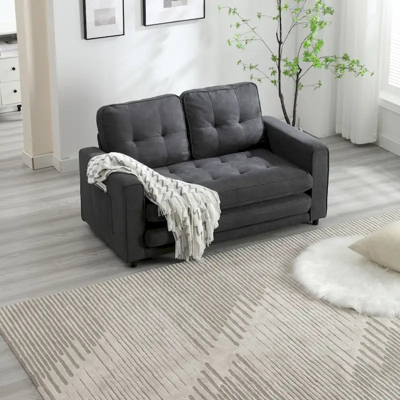 Velvet Convertible Sofa Bed – 3-Fold Pull-Out Sleeper, Seats 2 (Beige / Light Gray / Dark Grey)