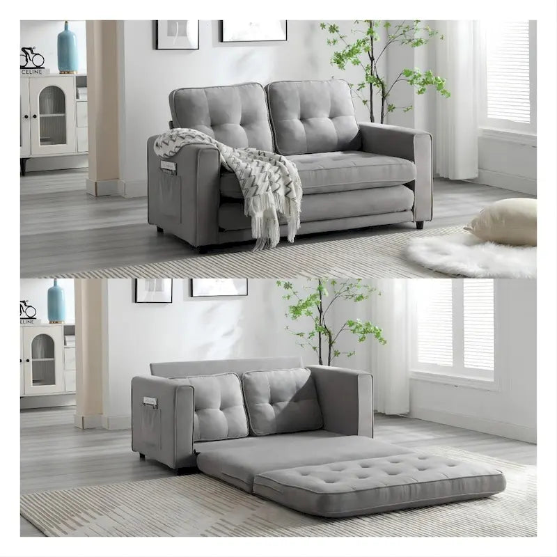 Velvet Convertible Sofa Bed – 3-Fold Pull-Out Sleeper, Seats 2 (Beige / Light Gray / Dark Grey)