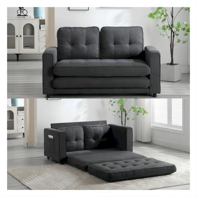 Velvet Convertible Sofa Bed – 3-Fold Pull-Out Sleeper, Seats 2 (Beige / Light Gray / Dark Grey)