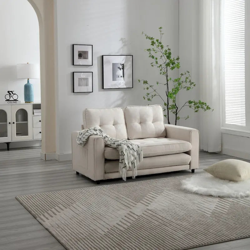 Velvet Convertible Sofa Bed – 3-Fold Pull-Out Sleeper, Seats 2 (Beige / Light Gray / Dark Grey)