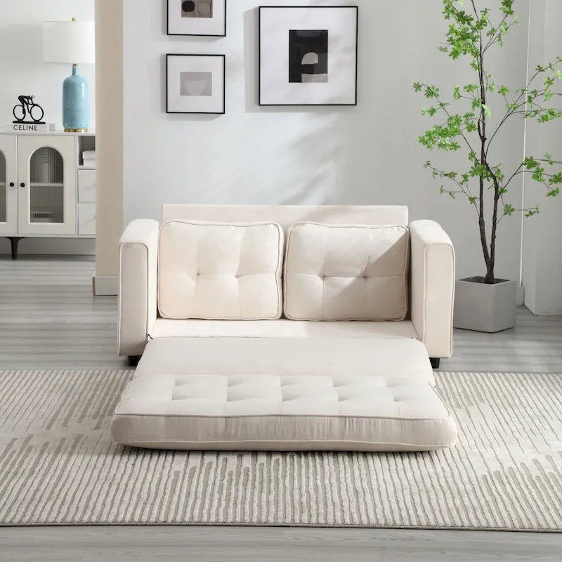 Velvet Convertible Sofa Bed – 3-Fold Pull-Out Sleeper, Seats 2 (Beige / Light Gray / Dark Grey)