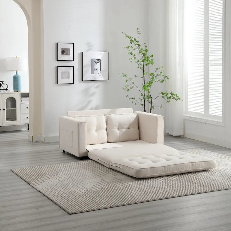 Velvet Convertible Sofa Bed – 3-Fold Pull-Out Sleeper, Seats 2 (Beige / Light Gray / Dark Grey)
