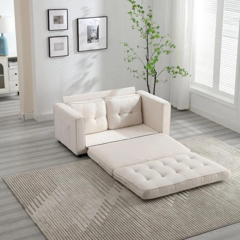 Velvet Convertible Sofa Bed – 3-Fold Pull-Out Sleeper, Seats 2 (Beige / Light Gray / Dark Grey)