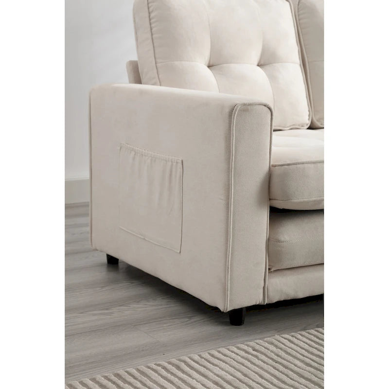 Velvet Convertible Sofa Bed – 3-Fold Pull-Out Sleeper, Seats 2 (Beige / Light Gray / Dark Grey)