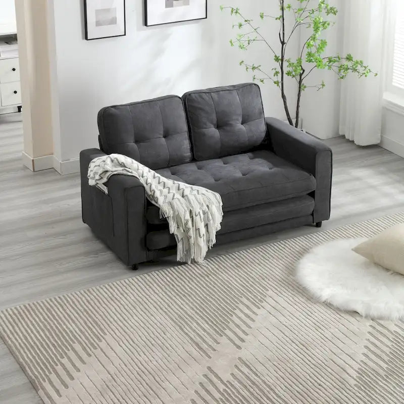 Velvet Convertible Sofa Bed – 3-Fold Pull-Out Sleeper, Seats 2 (Beige / Light Gray / Dark Grey)