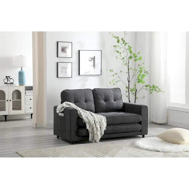 Velvet Convertible Sofa Bed – 3-Fold Pull-Out Sleeper, Seats 2 (Beige / Light Gray / Dark Grey)