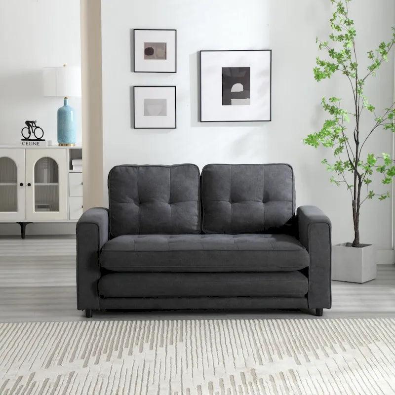 Velvet Convertible Sofa Bed – 3-Fold Pull-Out Sleeper, Seats 2 (Beige / Light Gray / Dark Grey)