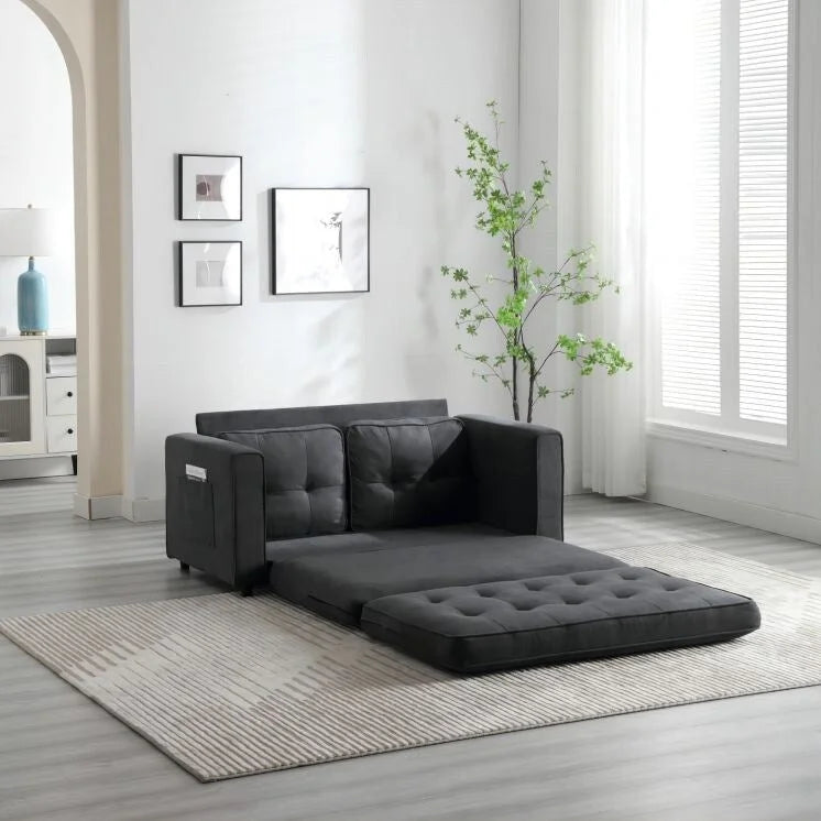 Velvet Convertible Sofa Bed – 3-Fold Pull-Out Sleeper, Seats 2 (Beige / Light Gray / Dark Grey)