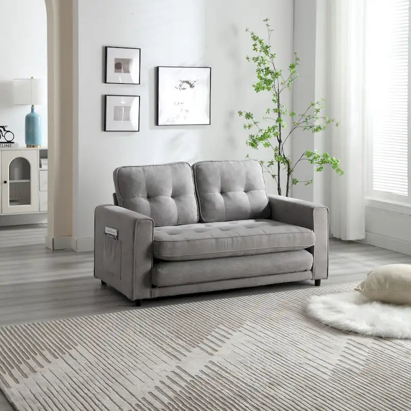 Velvet Convertible Sofa Bed – 3-Fold Pull-Out Sleeper, Seats 2 (Beige / Light Gray / Dark Grey)