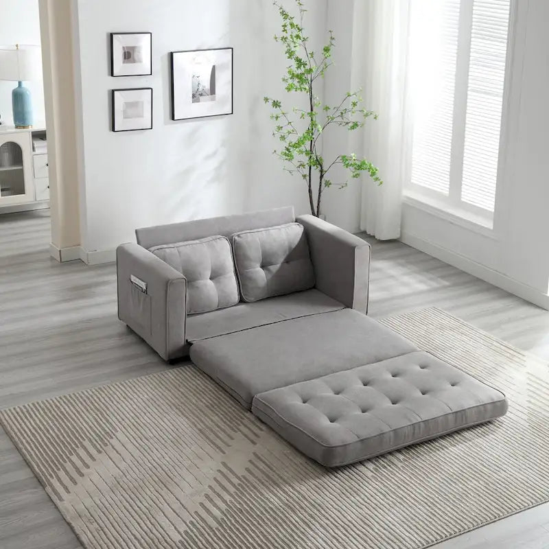 Velvet Convertible Sofa Bed – 3-Fold Pull-Out Sleeper, Seats 2 (Beige / Light Gray / Dark Grey)