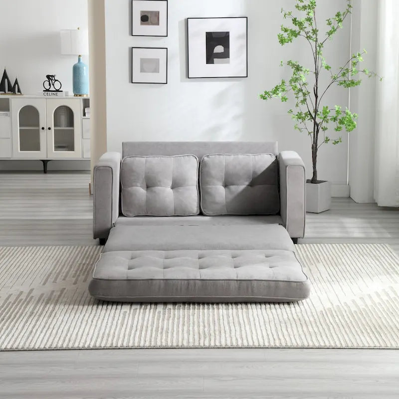 Velvet Convertible Sofa Bed – 3-Fold Pull-Out Sleeper, Seats 2 (Beige / Light Gray / Dark Grey)