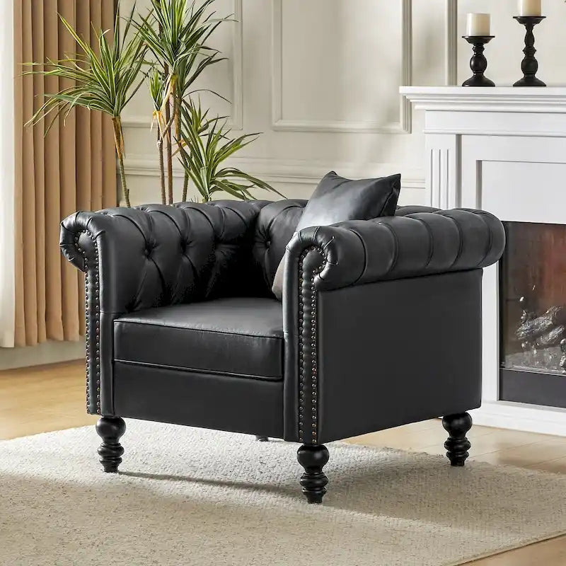 Black / Camel / Navy Traditional PU Leather Armchair with Nailhead Trim – Single Seat