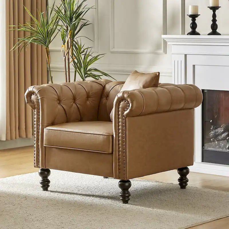 Black / Camel / Navy Traditional PU Leather Armchair with Nailhead Trim – Single Seat