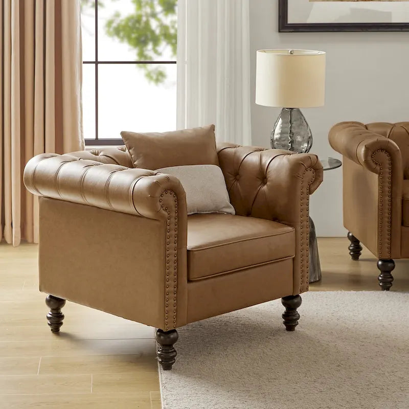 Black / Camel / Navy Traditional PU Leather Armchair with Nailhead Trim – Single Seat
