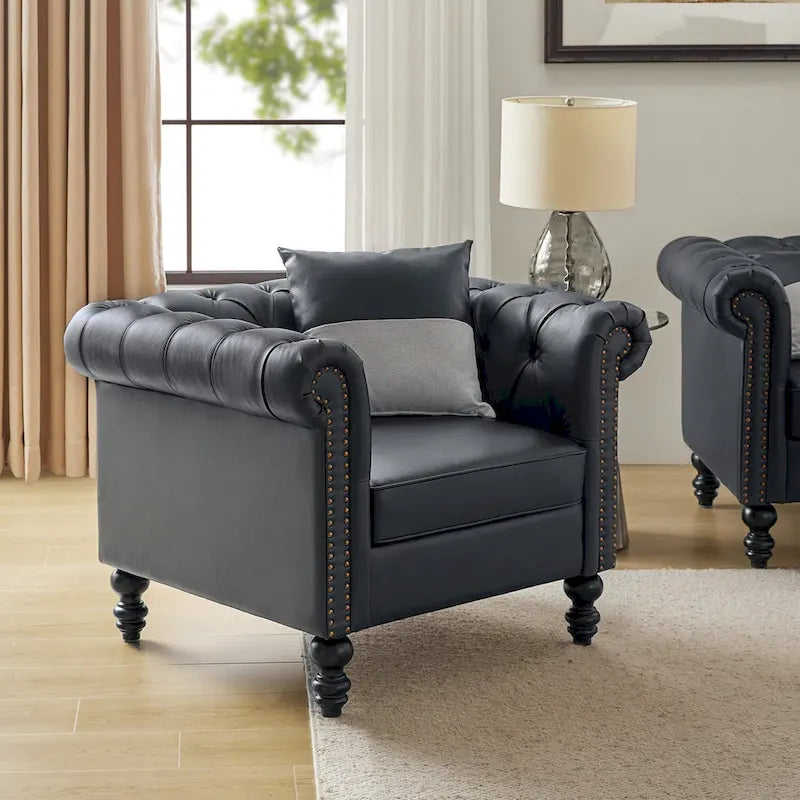 Black / Camel / Navy Traditional PU Leather Armchair with Nailhead Trim – Single Seat