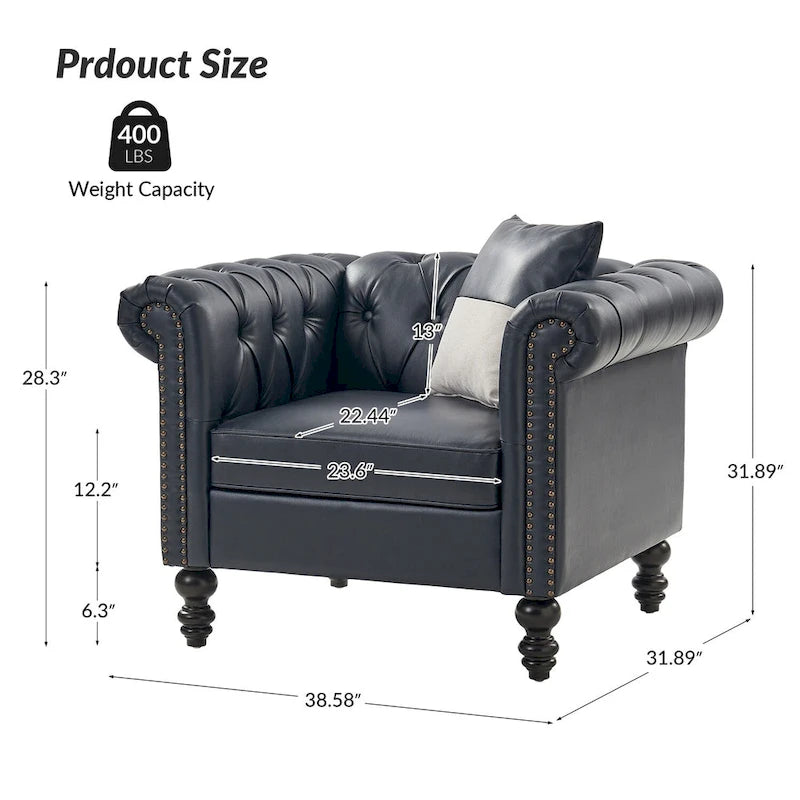 Black / Camel / Navy Traditional PU Leather Armchair with Nailhead Trim – Single Seat