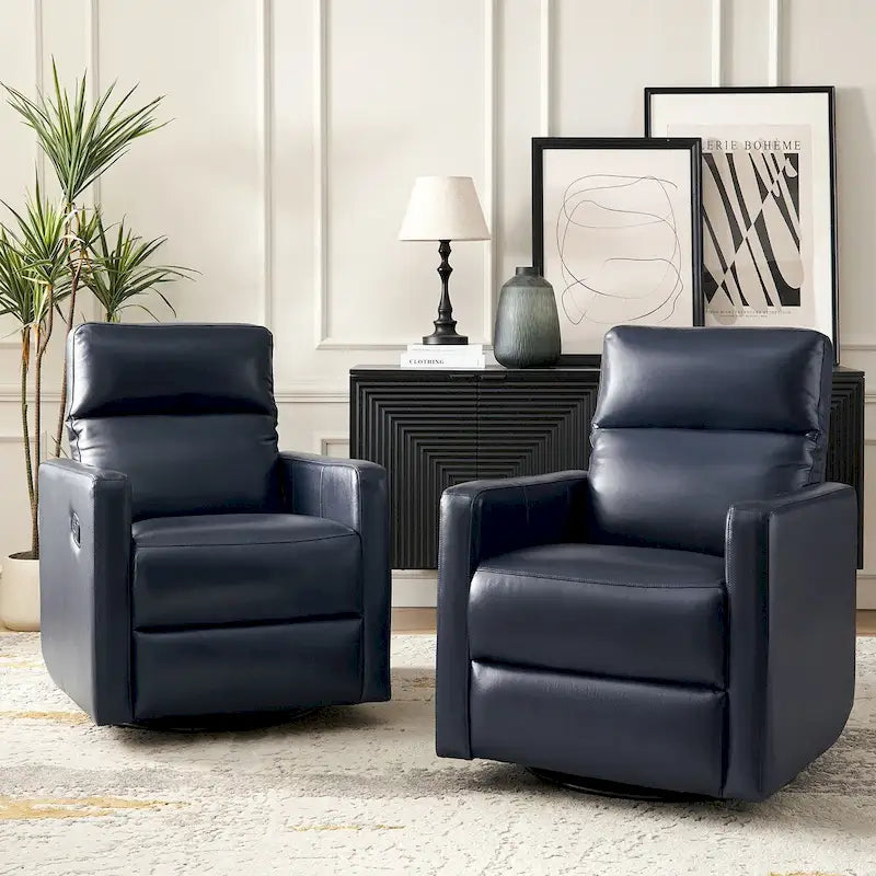 Navy / Grey / Black Genuine Leather Swivel Rocker Recliner – Set of 2