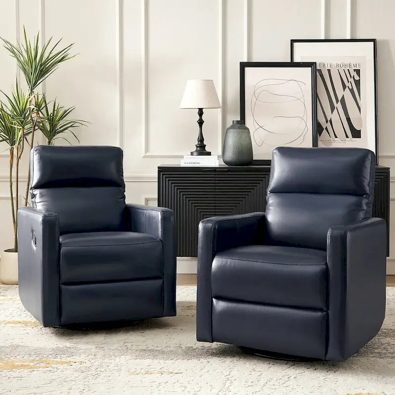 Navy / Grey / Black Genuine Leather Swivel Rocker Recliner – Set of 2