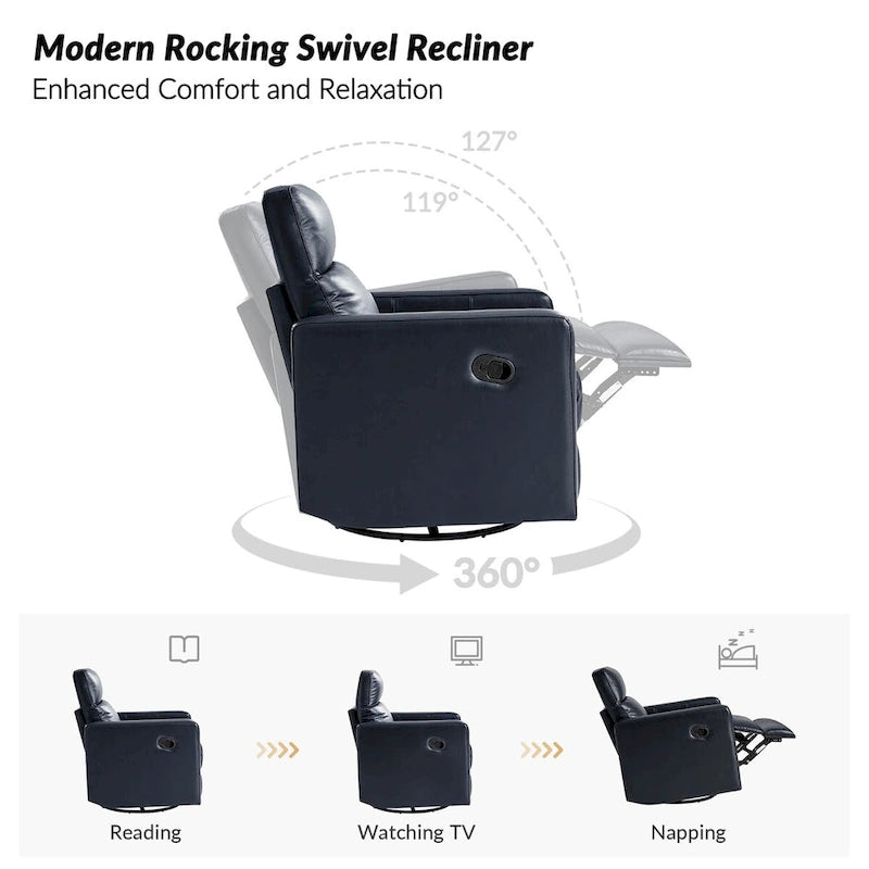Navy / Grey / Black Genuine Leather Swivel Rocker Recliner – Set of 2