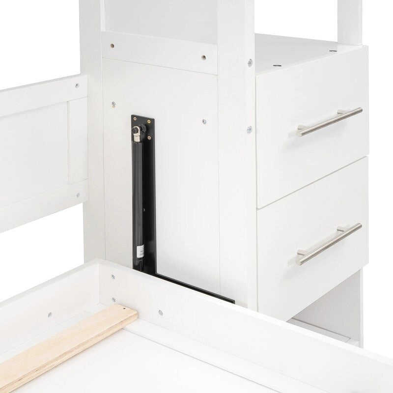 White / Gray Queen Murphy Wall Bed with Shelves, Drawers & LED Lights – Sleeps 2