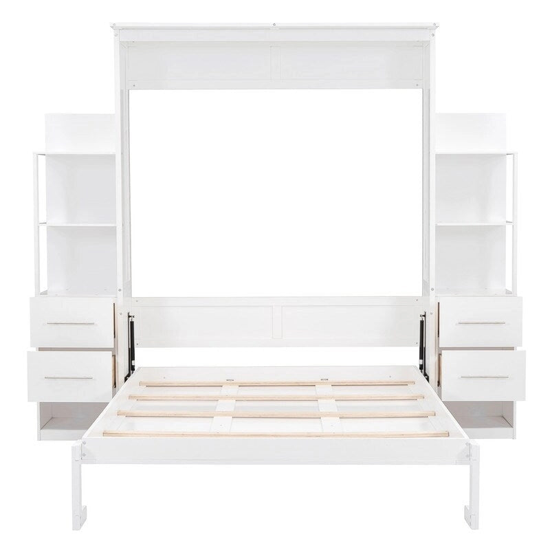 White / Gray Queen Murphy Wall Bed with Shelves, Drawers & LED Lights – Sleeps 2