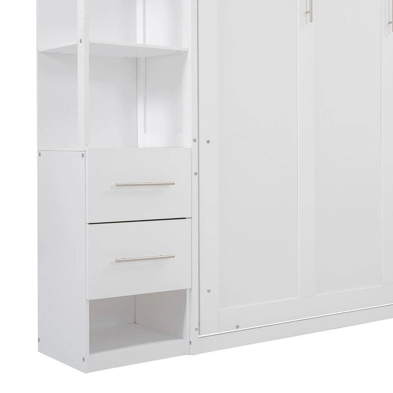 White / Gray Queen Murphy Wall Bed with Shelves, Drawers & LED Lights – Sleeps 2