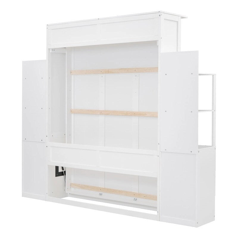 White / Gray Queen Murphy Wall Bed with Shelves, Drawers & LED Lights – Sleeps 2
