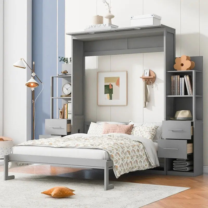 White / Gray Queen Murphy Wall Bed with Shelves, Drawers & LED Lights – Sleeps 2