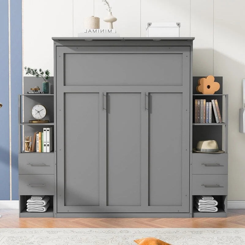 White / Gray Queen Murphy Wall Bed with Shelves, Drawers & LED Lights – Sleeps 2