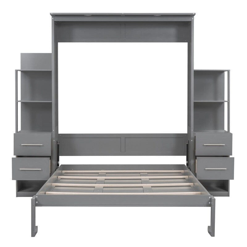 White / Gray Queen Murphy Wall Bed with Shelves, Drawers & LED Lights – Sleeps 2