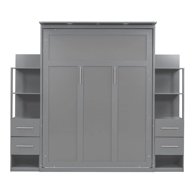 White / Gray Queen Murphy Wall Bed with Shelves, Drawers & LED Lights – Sleeps 2