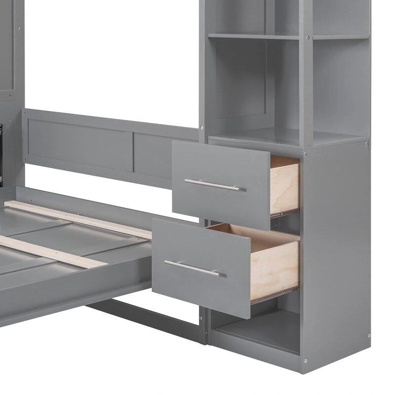 White / Gray Queen Murphy Wall Bed with Shelves, Drawers & LED Lights – Sleeps 2