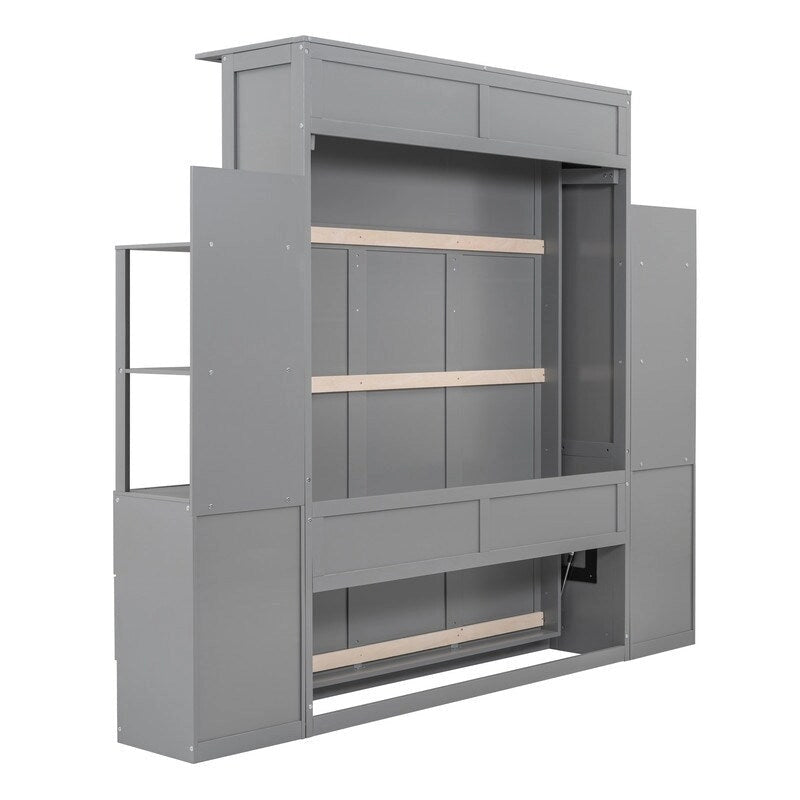 White / Gray Queen Murphy Wall Bed with Shelves, Drawers & LED Lights – Sleeps 2
