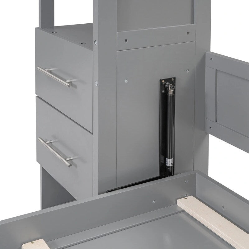 White / Gray Queen Murphy Wall Bed with Shelves, Drawers & LED Lights – Sleeps 2