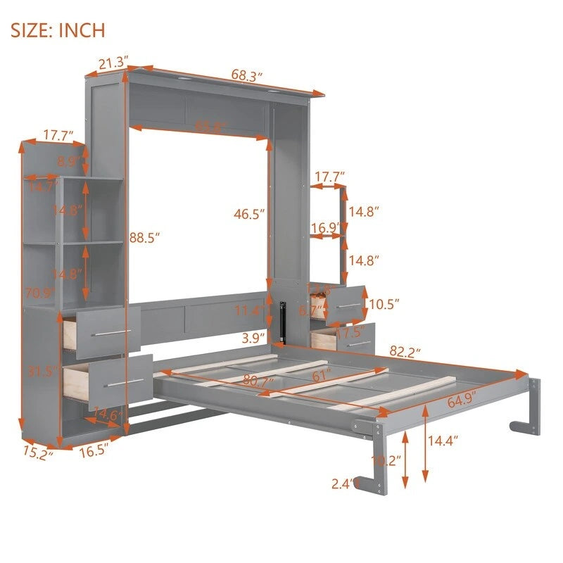 White / Gray Queen Murphy Wall Bed with Shelves, Drawers & LED Lights – Sleeps 2