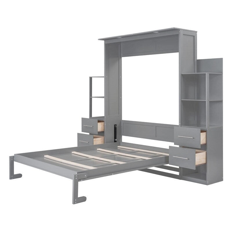 White / Gray Queen Murphy Wall Bed with Shelves, Drawers & LED Lights – Sleeps 2