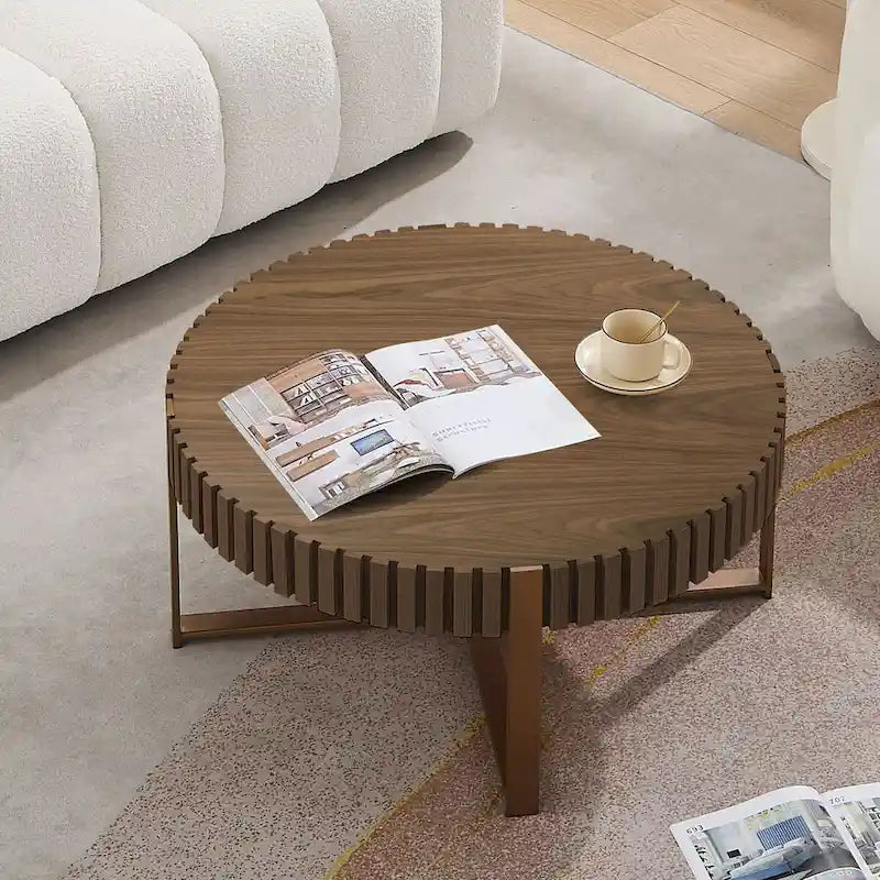 Walnut / Black / Natural Round Drum Coffee Table – 31.5" Pedestal Base, 1-Piece