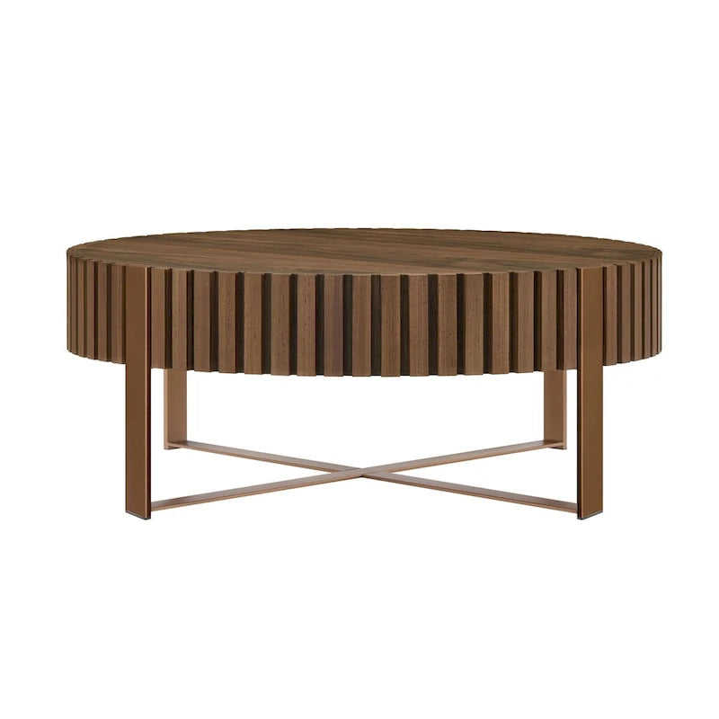 Walnut / Black / Natural Round Drum Coffee Table – 31.5" Pedestal Base, 1-Piece