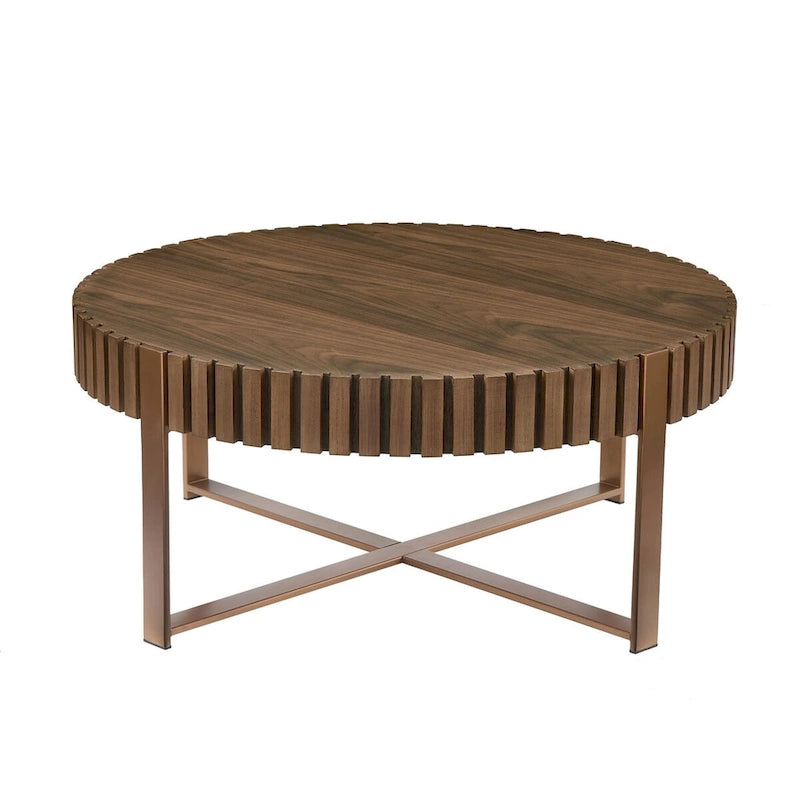 Walnut / Black / Natural Round Drum Coffee Table – 31.5" Pedestal Base, 1-Piece